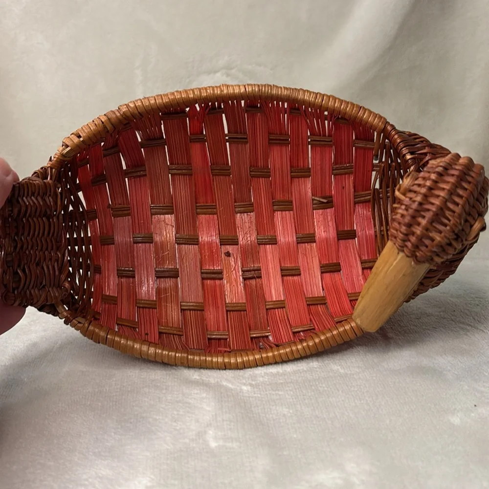 Vintage Woven Wicker Duck Basket Pink and Brown with Wood Bill Key Holder Shelf